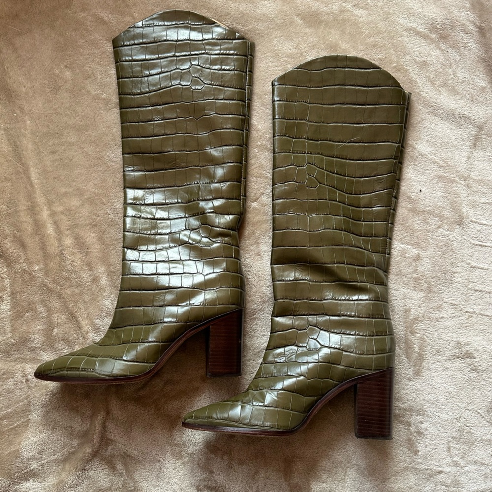 SCHUTZ Olive Croc-Embossed Tall Pointed-Toe Knee-High, Heeled Boot - Picture 3 of 4